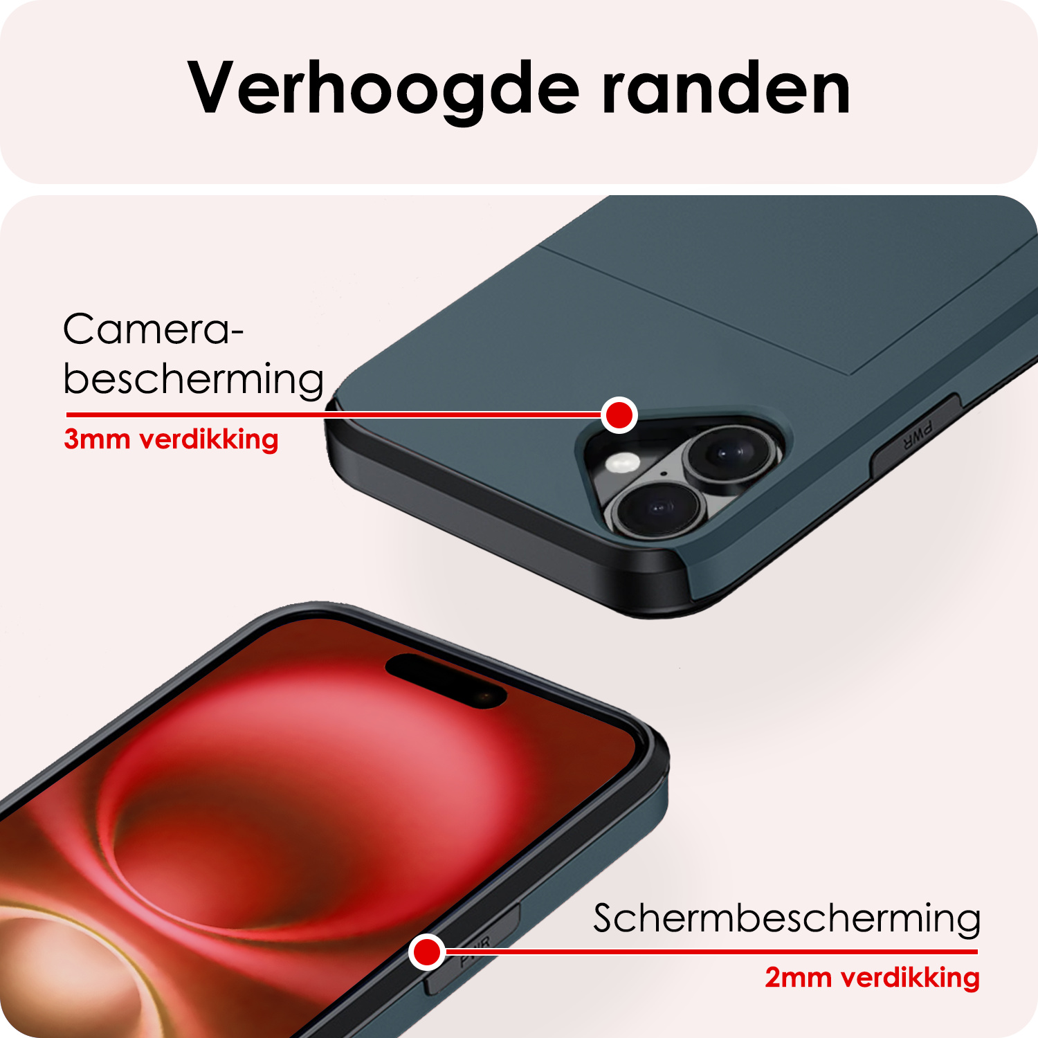 NoXx Hoes Geschikt voor iPhone 16 Plus Hoesje Pasjeshouder Hard Cover Met 2x Screenprotector Shock Proof Hard Case Hoes Met Kaarthouder - Donkerblauw
