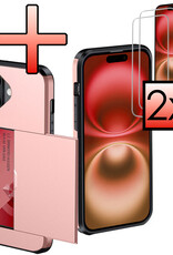 NoXx Hoes Geschikt voor iPhone 16 Plus Hoesje Pasjeshouder Hard Cover Met 2x Screenprotector Shock Proof Hard Case Hoes Met Kaarthouder - Rosé goud
