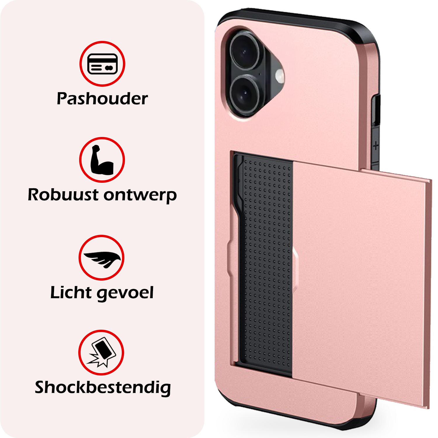 NoXx Hoes Geschikt voor iPhone 16 Plus Hoesje Pasjeshouder Hard Cover Met 2x Screenprotector Shock Proof Hard Case Hoes Met Kaarthouder - Rosé goud