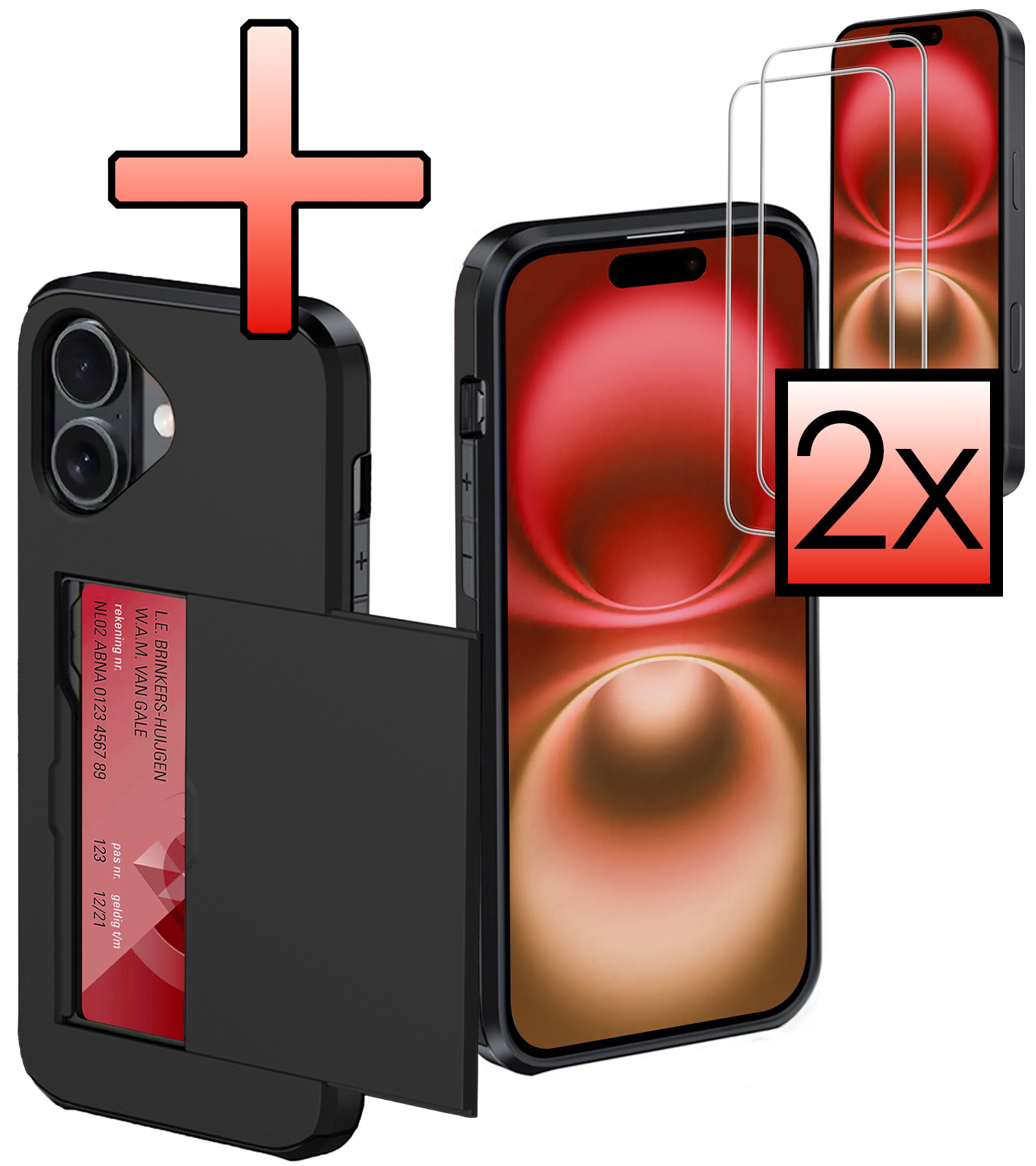 NoXx Hoes Geschikt voor iPhone 16 Plus Hoesje Pasjeshouder Hard Cover Met 2x Screenprotector Shock Proof Hard Case Hoes Met Kaarthouder - Zwart