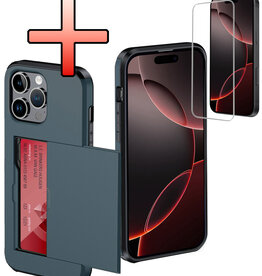 NoXx NoXx iPhone 16 Pro Hoesje Pashouder Hard Met Screenprotector - Donker Blauw