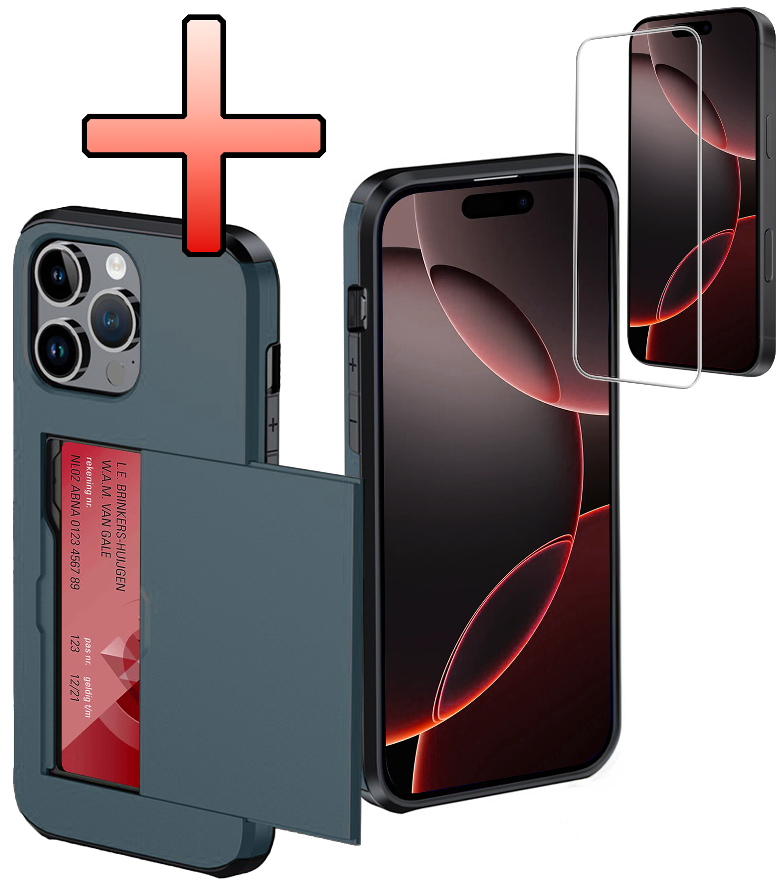 NoXx Hoes Geschikt voor iPhone 16 Pro Hoesje Pasjeshouder Hard Cover Met Screenprotector Shock Proof Hard Case Hoes Met Kaarthouder - Donkerblauw