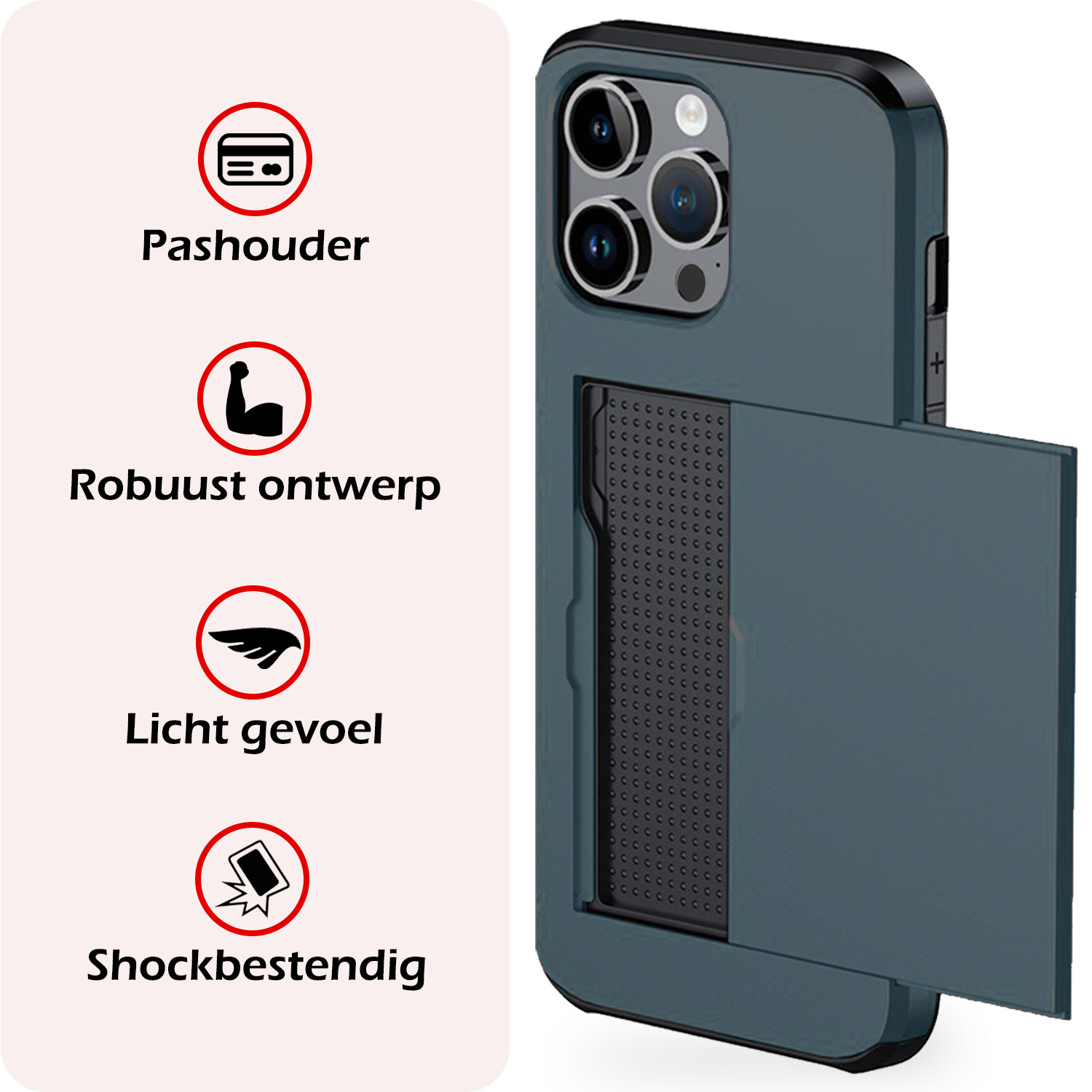 NoXx Hoes Geschikt voor iPhone 16 Pro Hoesje Pasjeshouder Hard Cover Met Screenprotector Shock Proof Hard Case Hoes Met Kaarthouder - Donkerblauw