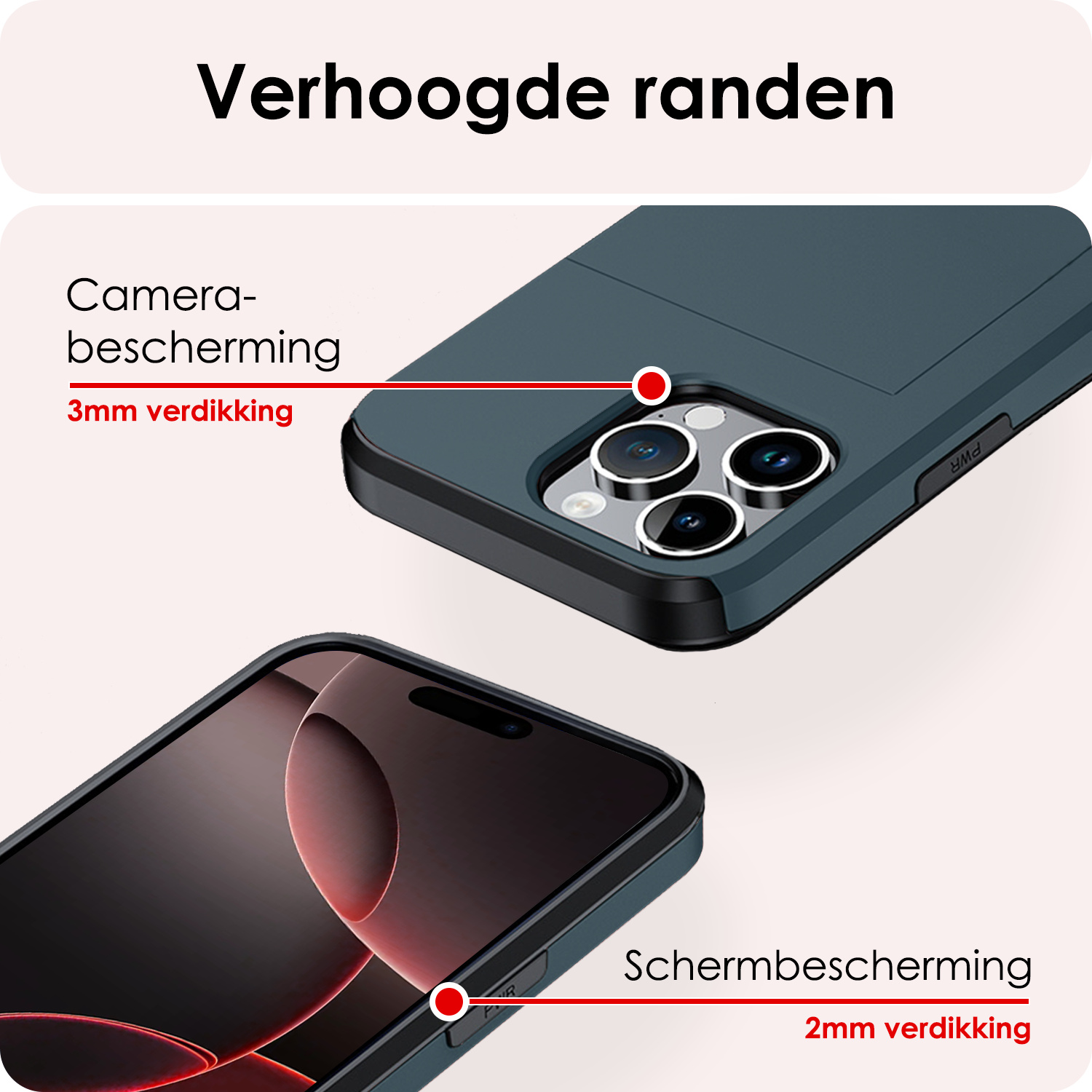 NoXx Hoes Geschikt voor iPhone 16 Pro Hoesje Pasjeshouder Hard Cover Met Screenprotector Shock Proof Hard Case Hoes Met Kaarthouder - Donkerblauw