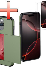 NoXx Hoes Geschikt voor iPhone 16 Pro Hoesje Pasjeshouder Hard Cover Met Screenprotector Shock Proof Hard Case Hoes Met Kaarthouder - Donkergroen