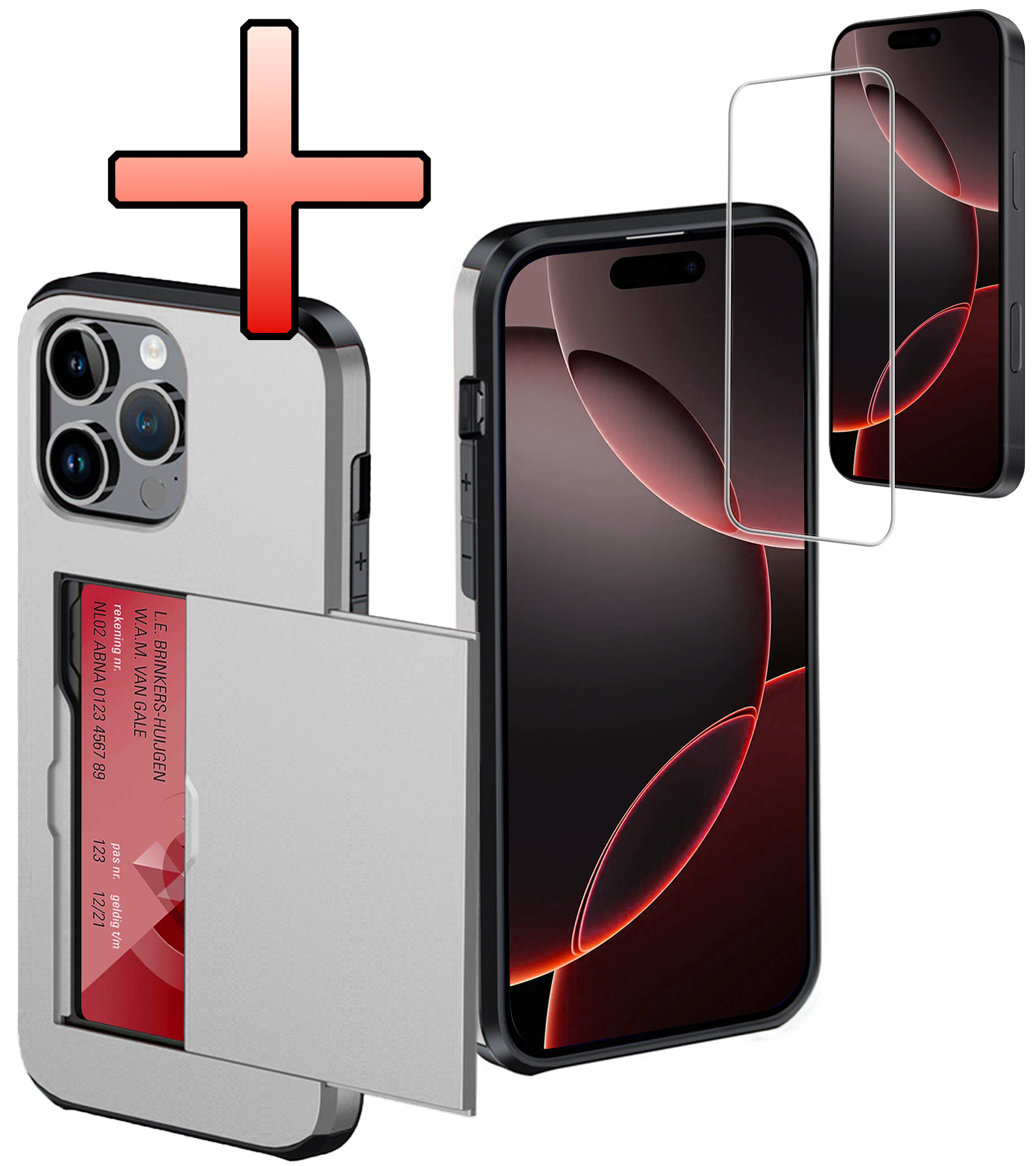 NoXx Hoes Geschikt voor iPhone 16 Pro Hoesje Pasjeshouder Hard Cover Met Screenprotector Shock Proof Hard Case Hoes Met Kaarthouder - Grijs