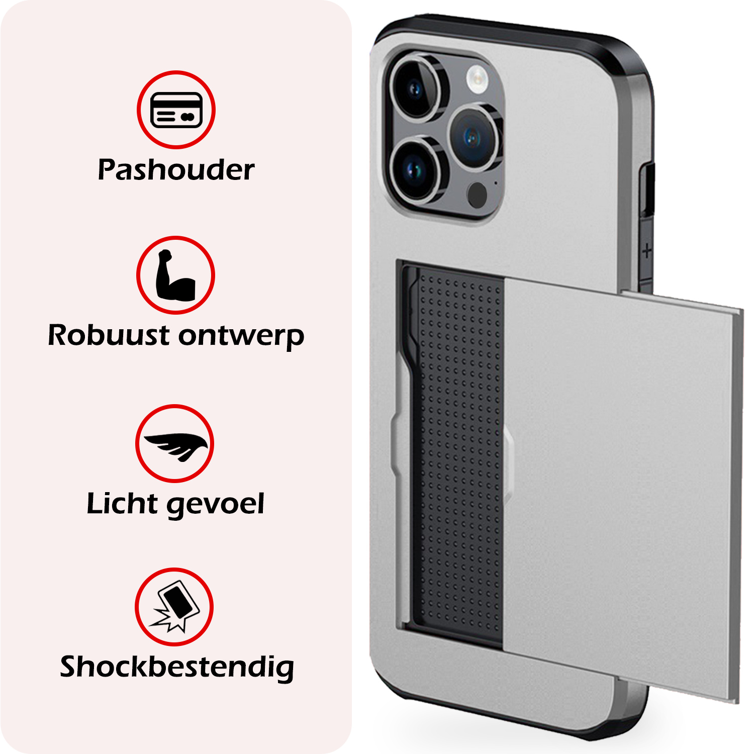 NoXx Hoes Geschikt voor iPhone 16 Pro Hoesje Pasjeshouder Hard Cover Met Screenprotector Shock Proof Hard Case Hoes Met Kaarthouder - Grijs