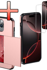 NoXx Hoes Geschikt voor iPhone 16 Pro Hoesje Pasjeshouder Hard Cover Met Screenprotector Shock Proof Hard Case Hoes Met Kaarthouder - Rosé goud
