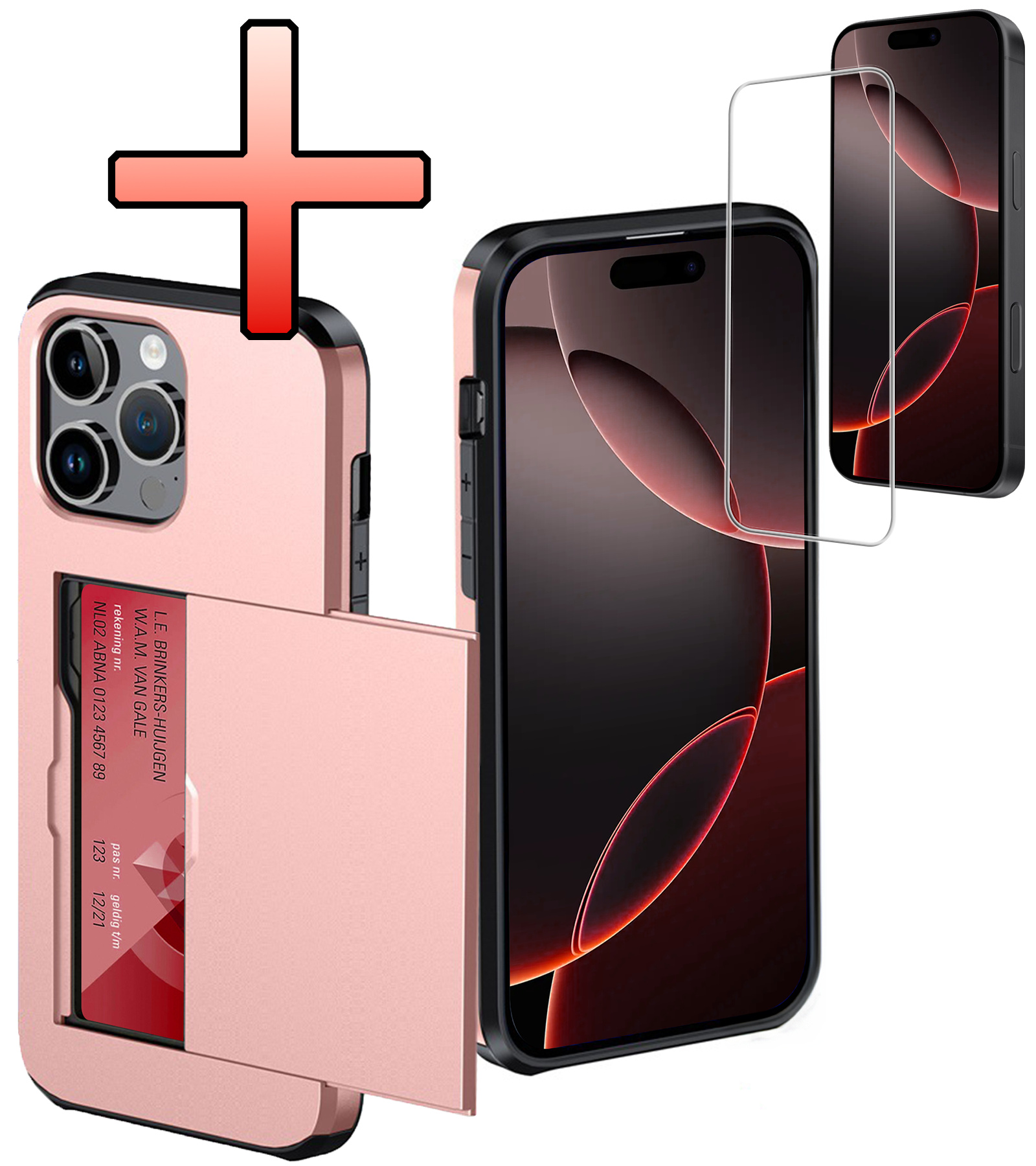 NoXx Hoes Geschikt voor iPhone 16 Pro Hoesje Pasjeshouder Hard Cover Met Screenprotector Shock Proof Hard Case Hoes Met Kaarthouder - Rosé goud
