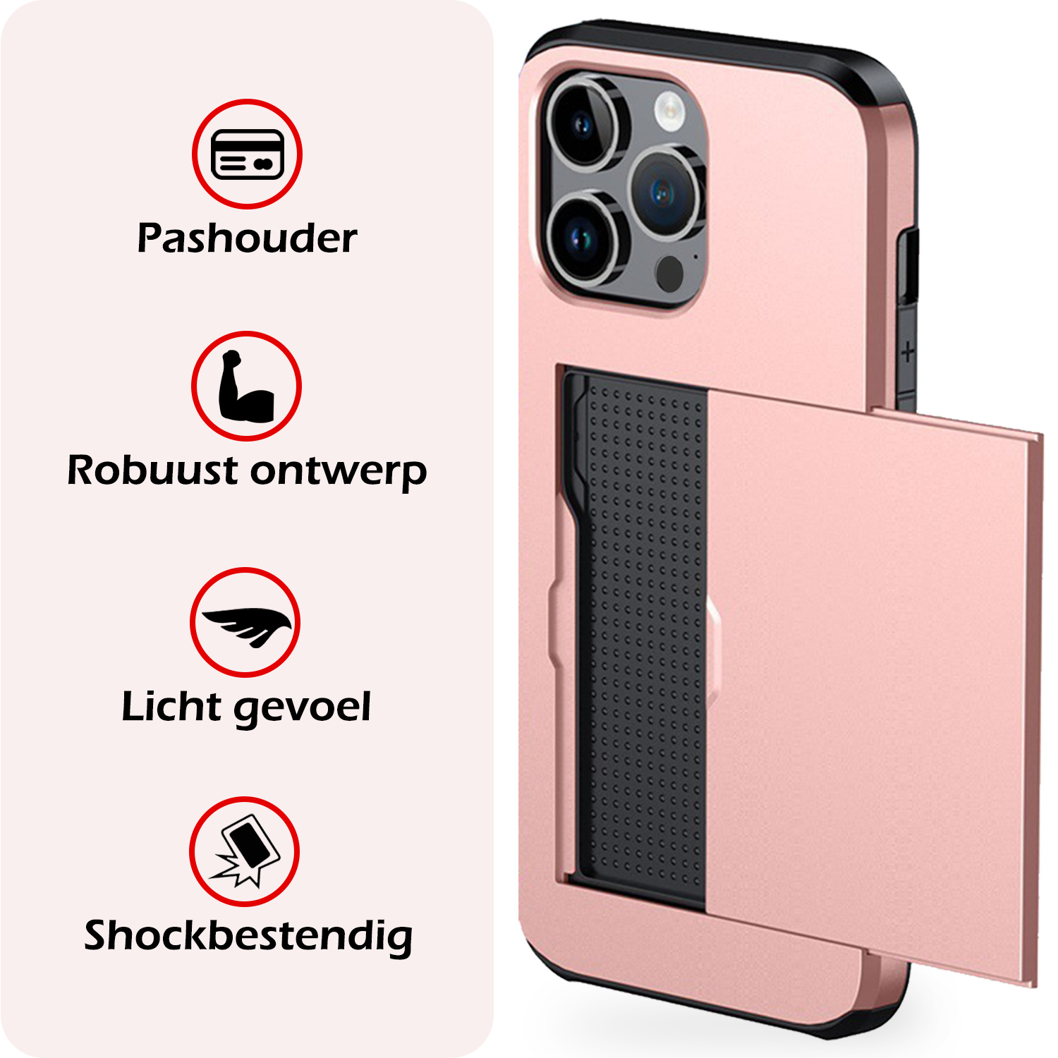 NoXx Hoes Geschikt voor iPhone 16 Pro Hoesje Pasjeshouder Hard Cover Met Screenprotector Shock Proof Hard Case Hoes Met Kaarthouder - Rosé goud