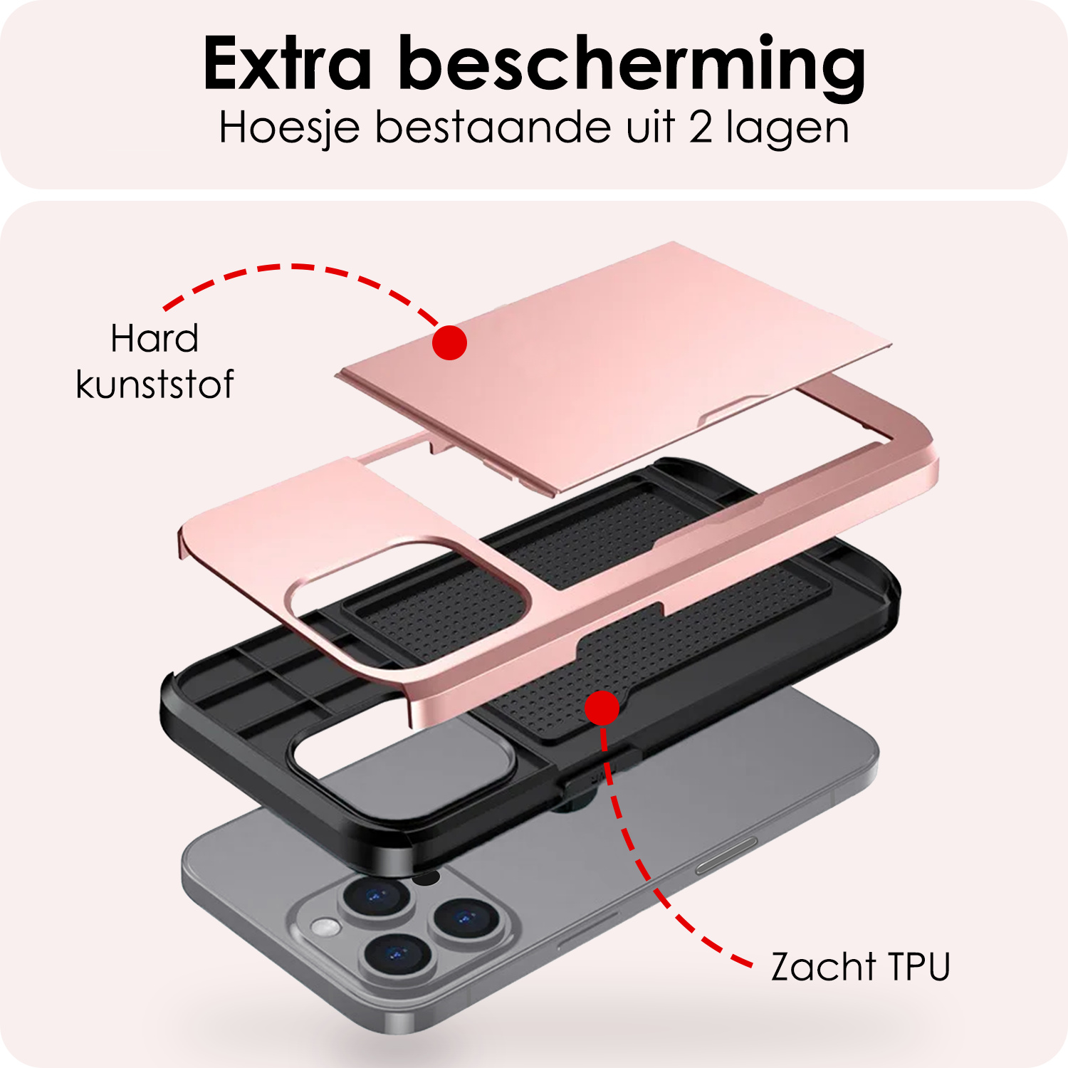 NoXx Hoes Geschikt voor iPhone 16 Pro Hoesje Pasjeshouder Hard Cover Met Screenprotector Shock Proof Hard Case Hoes Met Kaarthouder - Rosé goud