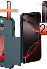 NoXx Hoes Geschikt voor iPhone 16 Pro Hoesje Pasjeshouder Hard Cover Met 2x Screenprotector Shock Proof Hard Case Hoes Met Kaarthouder - Donkerblauw