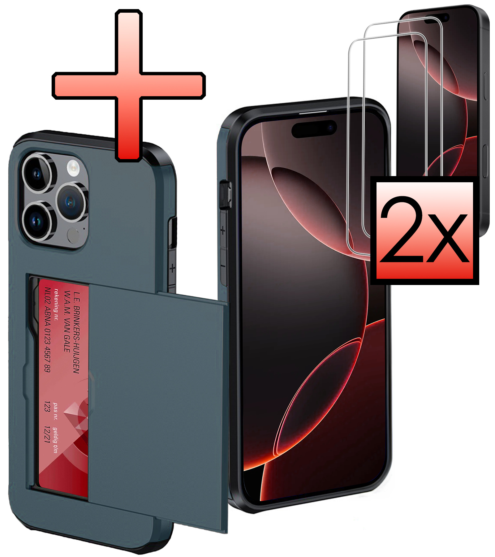 NoXx Hoes Geschikt voor iPhone 16 Pro Hoesje Pasjeshouder Hard Cover Met 2x Screenprotector Shock Proof Hard Case Hoes Met Kaarthouder - Donkerblauw