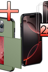 NoXx Hoes Geschikt voor iPhone 16 Pro Hoesje Pasjeshouder Hard Cover Met 2x Screenprotector Shock Proof Hard Case Hoes Met Kaarthouder - Donkergroen