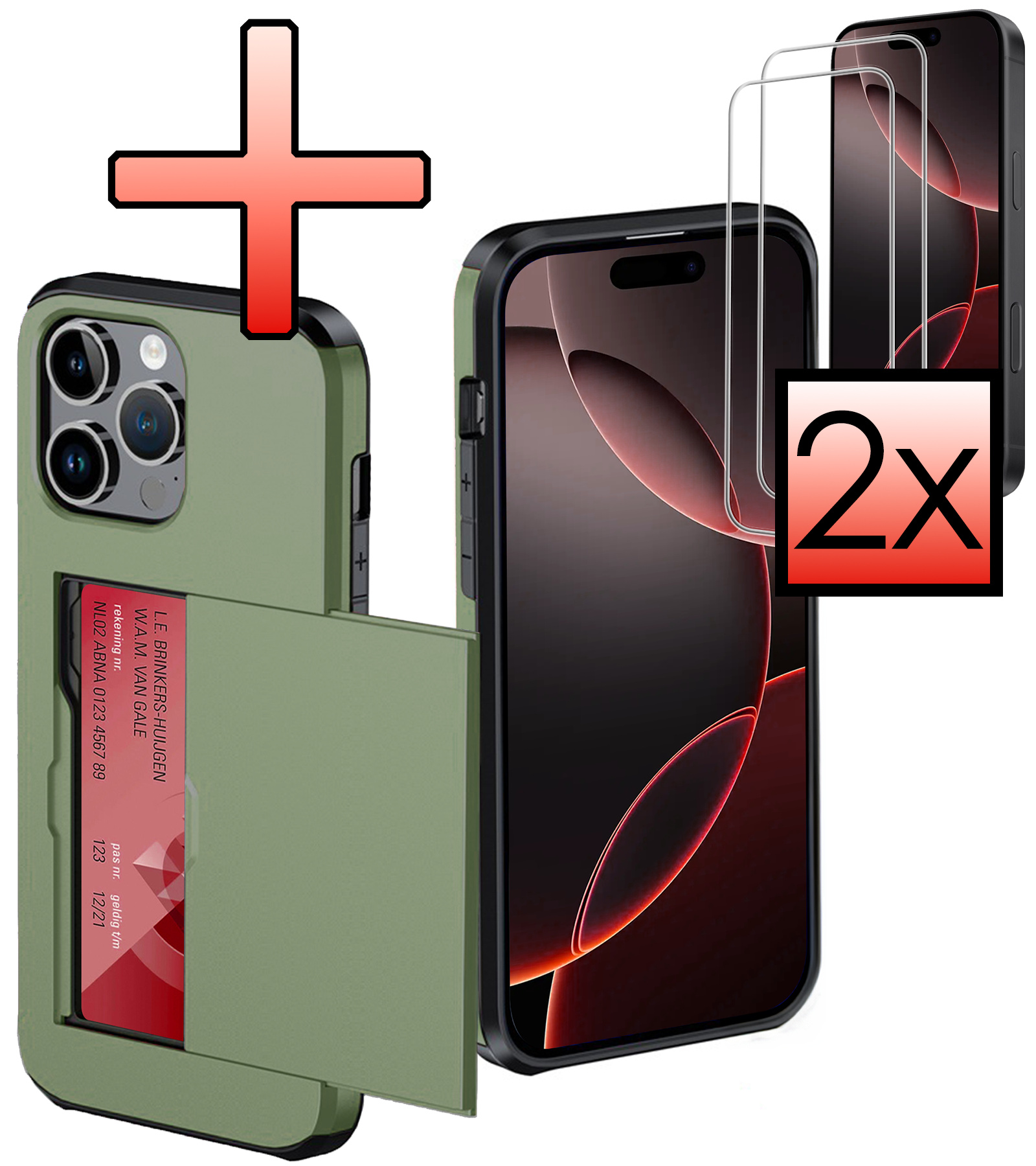 NoXx Hoes Geschikt voor iPhone 16 Pro Hoesje Pasjeshouder Hard Cover Met 2x Screenprotector Shock Proof Hard Case Hoes Met Kaarthouder - Donkergroen