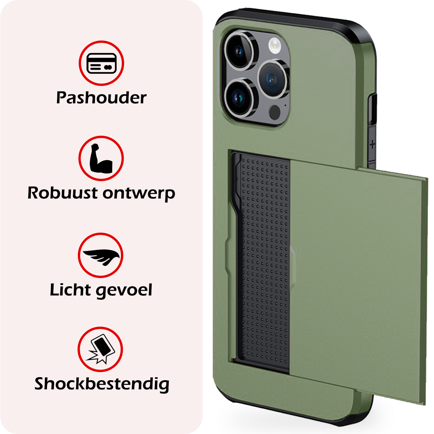 NoXx Hoes Geschikt voor iPhone 16 Pro Hoesje Pasjeshouder Hard Cover Met 2x Screenprotector Shock Proof Hard Case Hoes Met Kaarthouder - Donkergroen