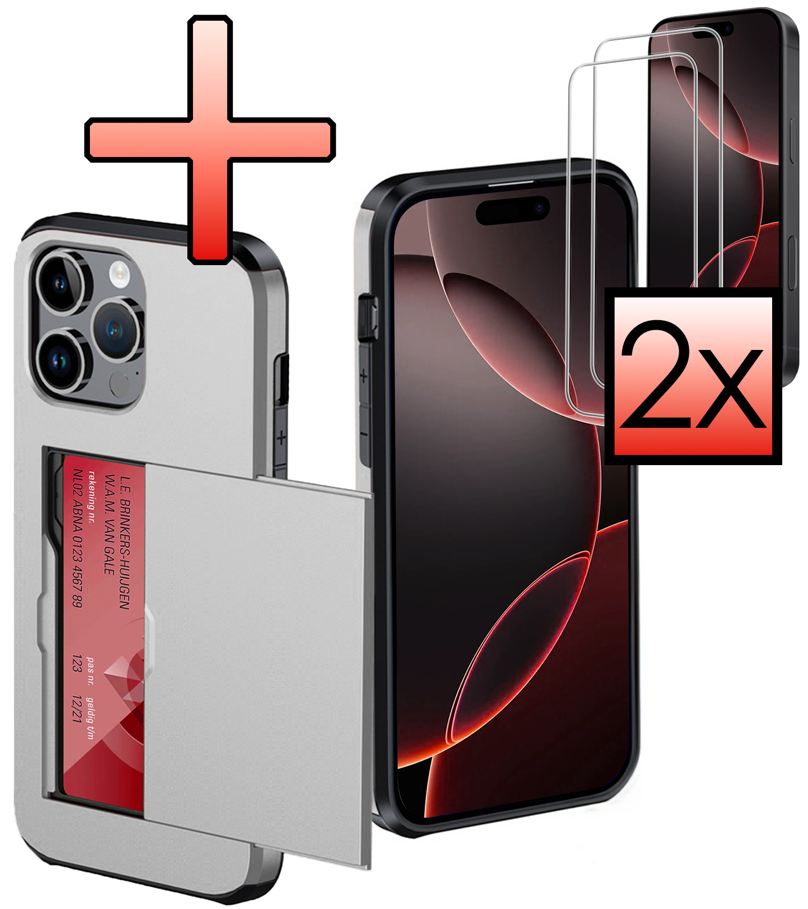 NoXx Hoes Geschikt voor iPhone 16 Pro Hoesje Pasjeshouder Hard Cover Met 2x Screenprotector Shock Proof Hard Case Hoes Met Kaarthouder - Grijs