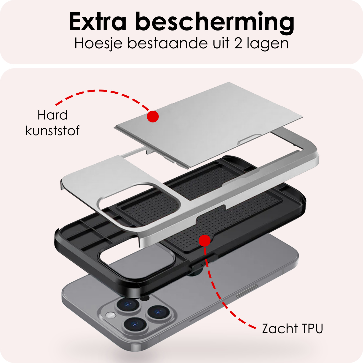 NoXx Hoes Geschikt voor iPhone 16 Pro Hoesje Pasjeshouder Hard Cover Met 2x Screenprotector Shock Proof Hard Case Hoes Met Kaarthouder - Grijs