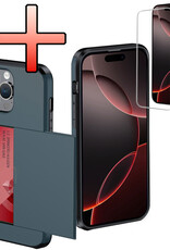 NoXx Hoes Geschikt voor iPhone 16 Pro Max Hoesje Pasjeshouder Hard Cover Met Screenprotector Shock Proof Hard Case Hoes Met Kaarthouder - Donkerblauw