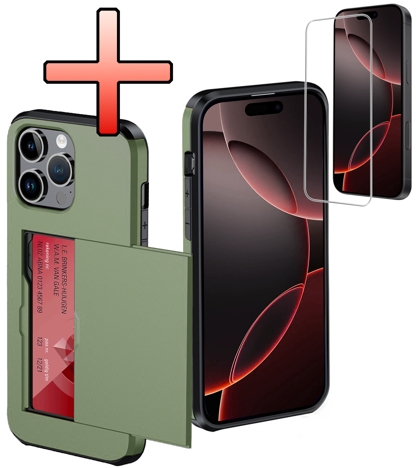 NoXx Hoes Geschikt voor iPhone 16 Pro Max Hoesje Pasjeshouder Hard Cover Met Screenprotector Shock Proof Hard Case Hoes Met Kaarthouder - Donkergroen