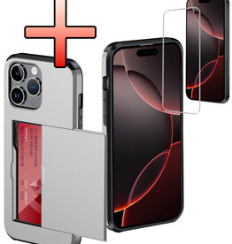 NoXx NoXx iPhone 16 Pro Max Hoesje Pashouder Hard Met Screenprotector - Grijs