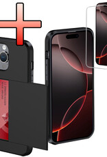 NoXx Hoes Geschikt voor iPhone 16 Pro Max Hoesje Pasjeshouder Hard Cover Met Screenprotector Shock Proof Hard Case Hoes Met Kaarthouder - Zwart