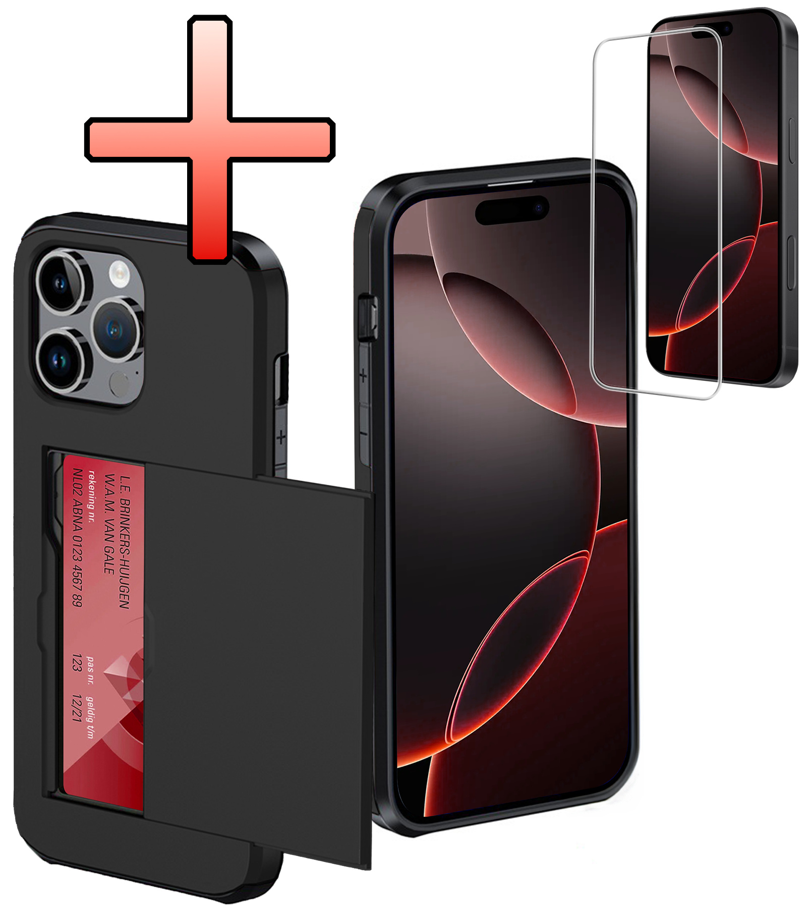 NoXx Hoes Geschikt voor iPhone 16 Pro Max Hoesje Pasjeshouder Hard Cover Met Screenprotector Shock Proof Hard Case Hoes Met Kaarthouder - Zwart