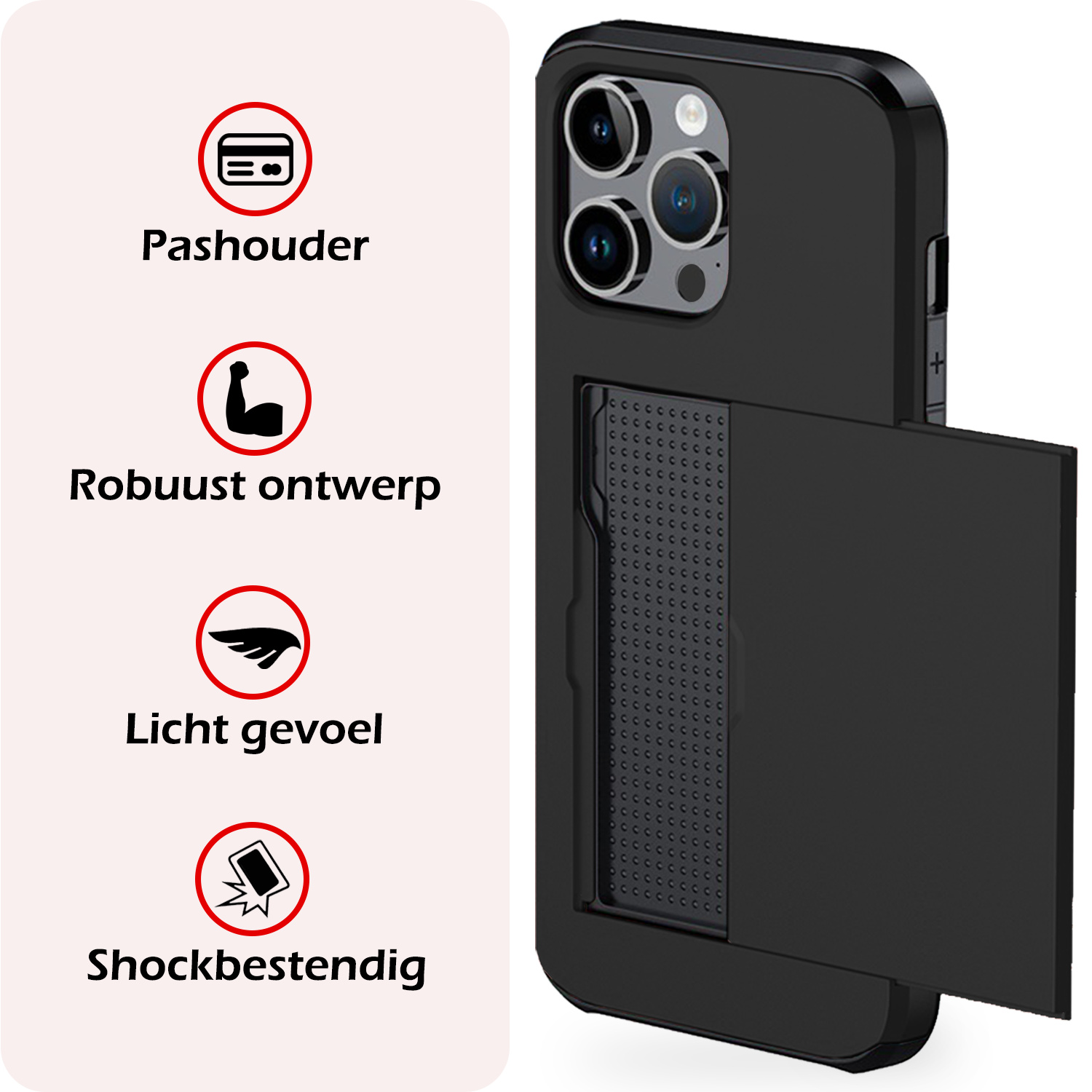 NoXx Hoes Geschikt voor iPhone 16 Pro Max Hoesje Pasjeshouder Hard Cover Met Screenprotector Shock Proof Hard Case Hoes Met Kaarthouder - Zwart