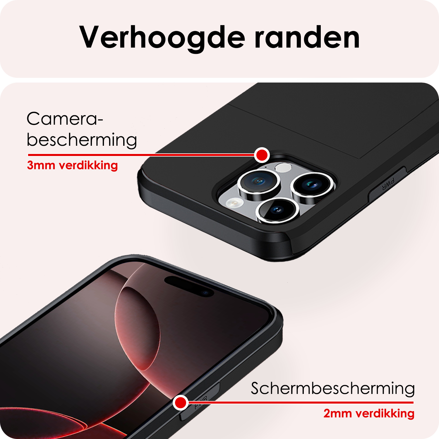 NoXx Hoes Geschikt voor iPhone 16 Pro Max Hoesje Pasjeshouder Hard Cover Met Screenprotector Shock Proof Hard Case Hoes Met Kaarthouder - Zwart