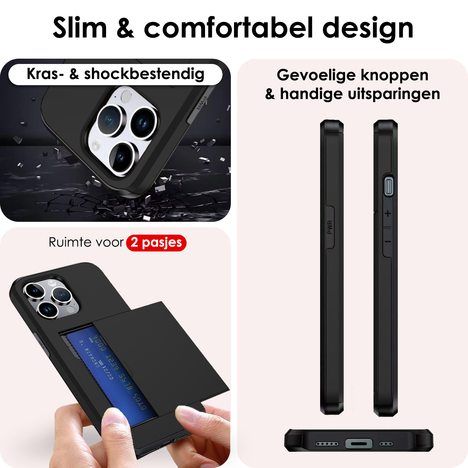 NoXx Hoes Geschikt voor iPhone 16 Pro Max Hoesje Pasjeshouder Hard Cover Met Screenprotector Shock Proof Hard Case Hoes Met Kaarthouder - Zwart