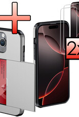 NoXx Hoes Geschikt voor iPhone 16 Pro Max Hoesje Pasjeshouder Hard Cover Met 2x Screenprotector Shock Proof Hard Case Hoes Met Kaarthouder - Grijs