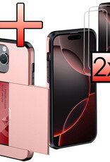 NoXx Hoes Geschikt voor iPhone 16 Pro Max Hoesje Pasjeshouder Hard Cover Met 2x Screenprotector Shock Proof Hard Case Hoes Met Kaarthouder - Rosé Goud