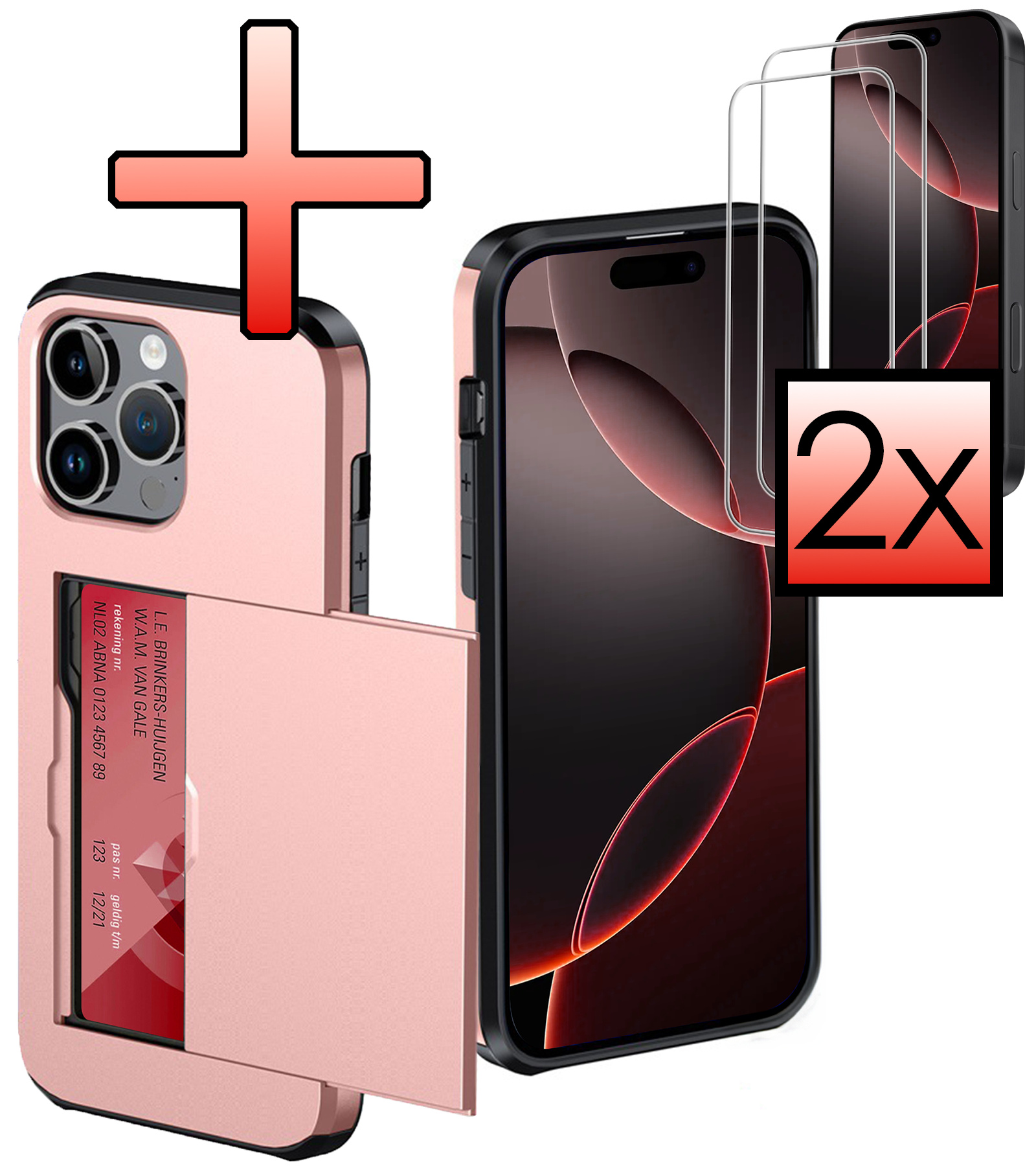 NoXx Hoes Geschikt voor iPhone 16 Pro Max Hoesje Pasjeshouder Hard Cover Met 2x Screenprotector Shock Proof Hard Case Hoes Met Kaarthouder - Rosé Goud