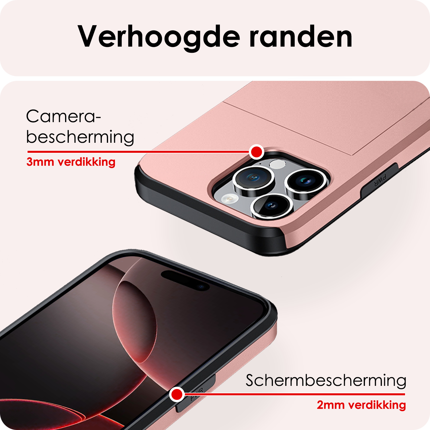NoXx Hoes Geschikt voor iPhone 16 Pro Max Hoesje Pasjeshouder Hard Cover Met 2x Screenprotector Shock Proof Hard Case Hoes Met Kaarthouder - Rosé Goud