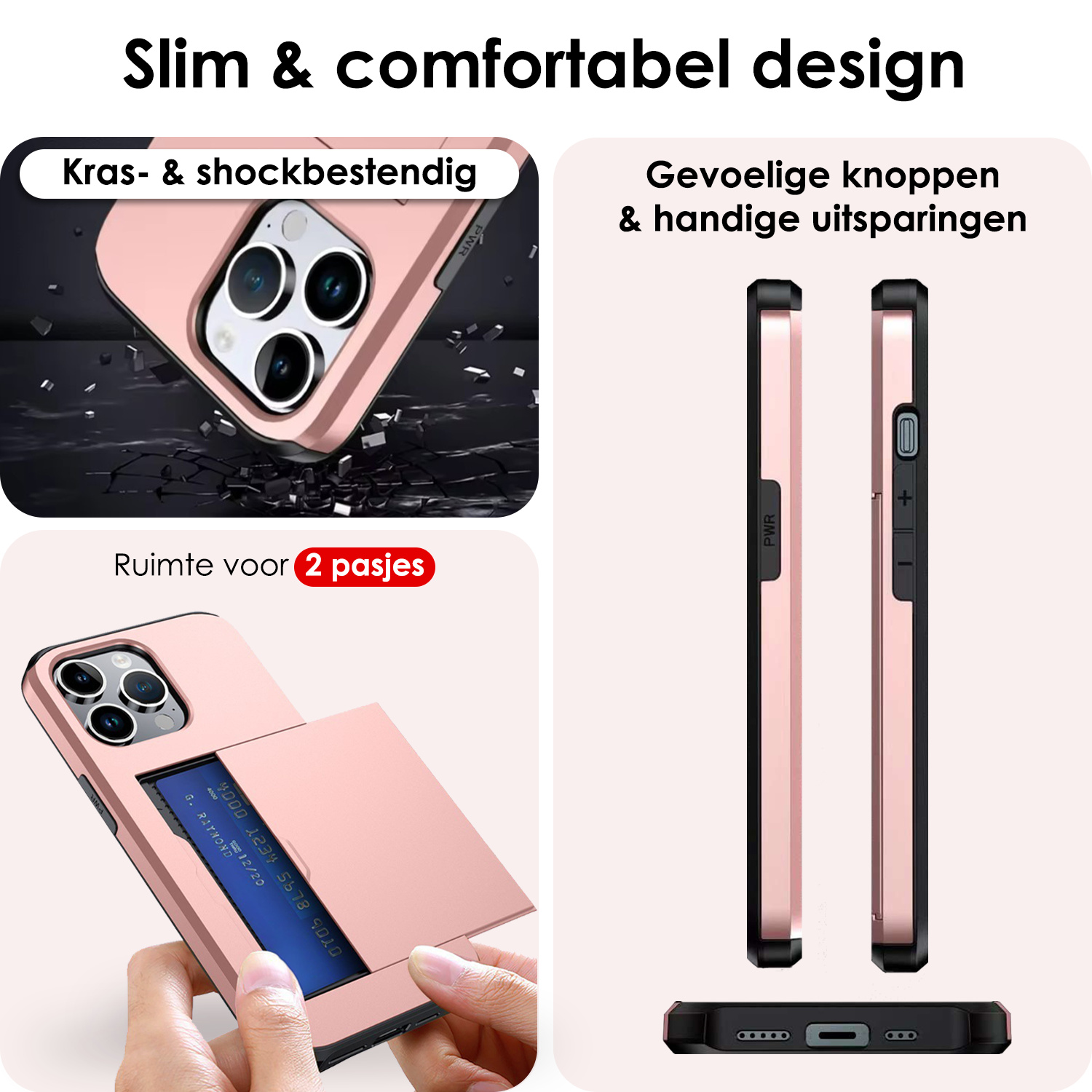 NoXx Hoes Geschikt voor iPhone 16 Pro Max Hoesje Pasjeshouder Hard Cover Met 2x Screenprotector Shock Proof Hard Case Hoes Met Kaarthouder - Rosé Goud