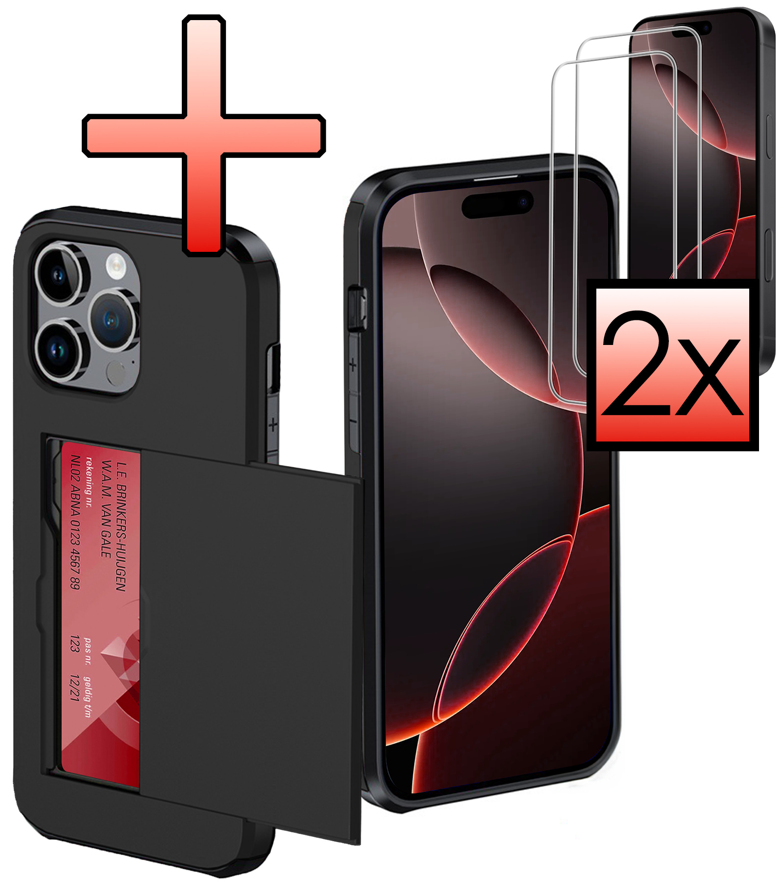 NoXx Hoes Geschikt voor iPhone 16 Pro Max Hoesje Pasjeshouder Hard Cover Met 2x Screenprotector Shock Proof Hard Case Hoes Met Kaarthouder - Zwart