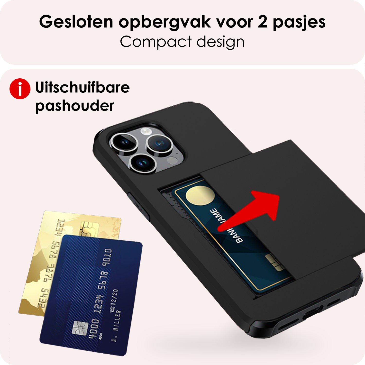 NoXx Hoes Geschikt voor iPhone 16 Pro Max Hoesje Pasjeshouder Hard Cover Met 2x Screenprotector Shock Proof Hard Case Hoes Met Kaarthouder - Zwart