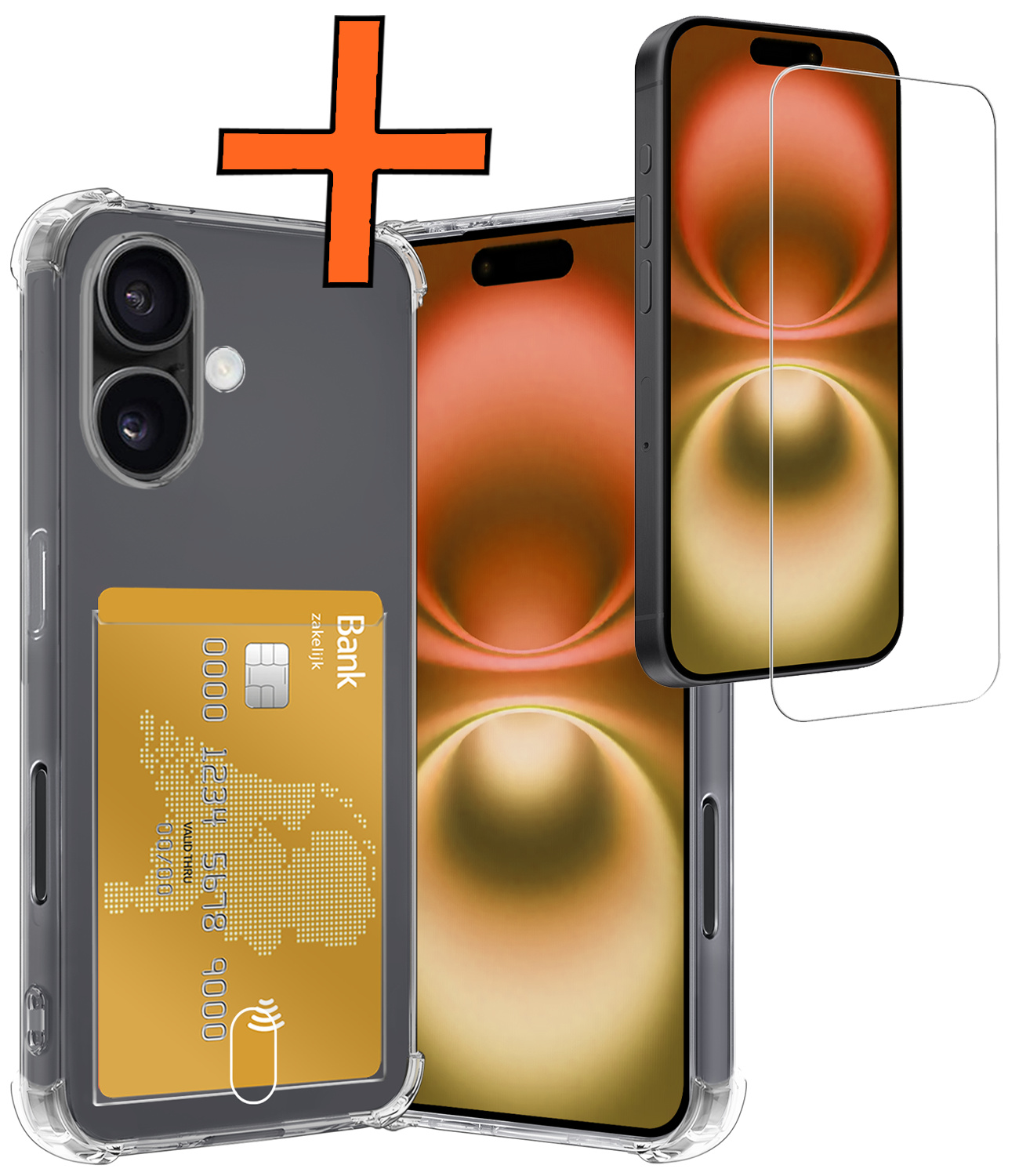 Nomfy Hoesje Geschikt voor iPhone 16 Plus Hoesje Pasjeshouder Shockproof Pas Houder Met Screenprotector - Hoesje Geschikt voor iPhone 16 Plus Hoes Met Kaarthouder - Transparant