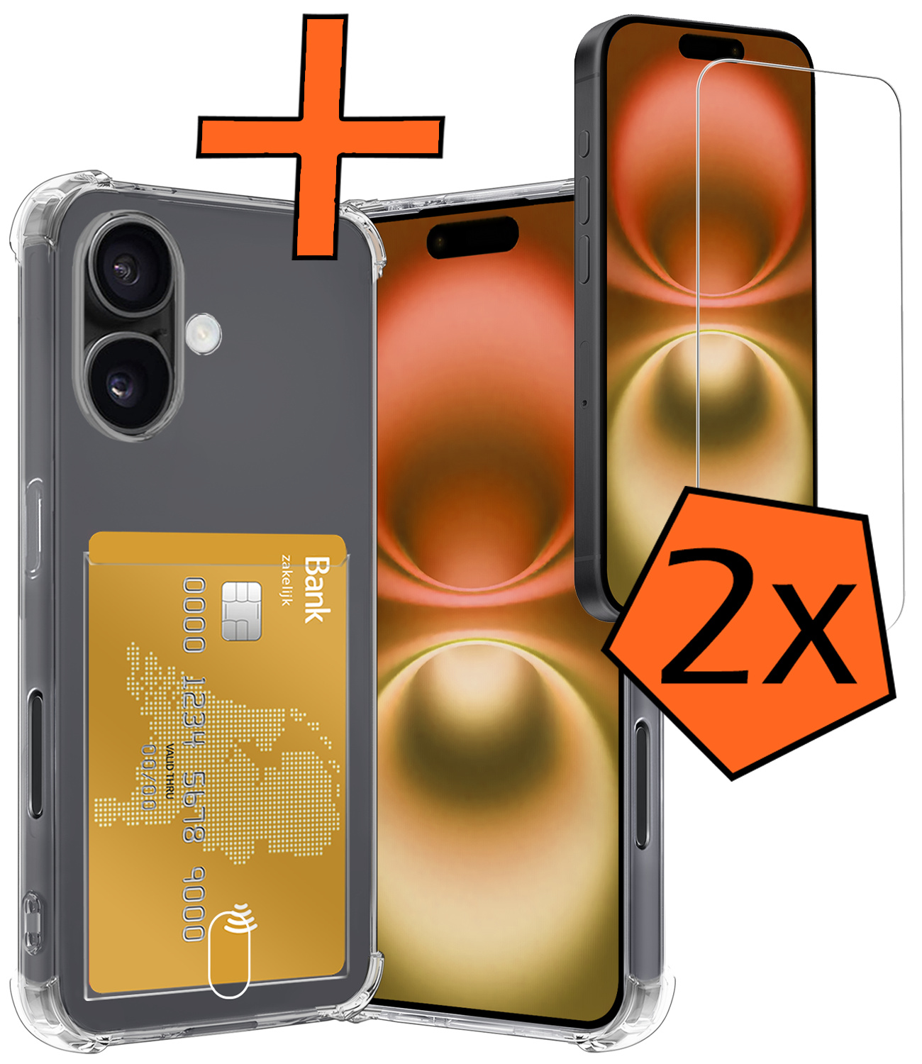 Nomfy Hoesje Geschikt voor iPhone 16 Plus Hoesje Pasjeshouder Shockproof Pas Houder Met 2x Screenprotector - Hoesje Geschikt voor iPhone 16 Plus Hoes Met Kaarthouder - Transparant
