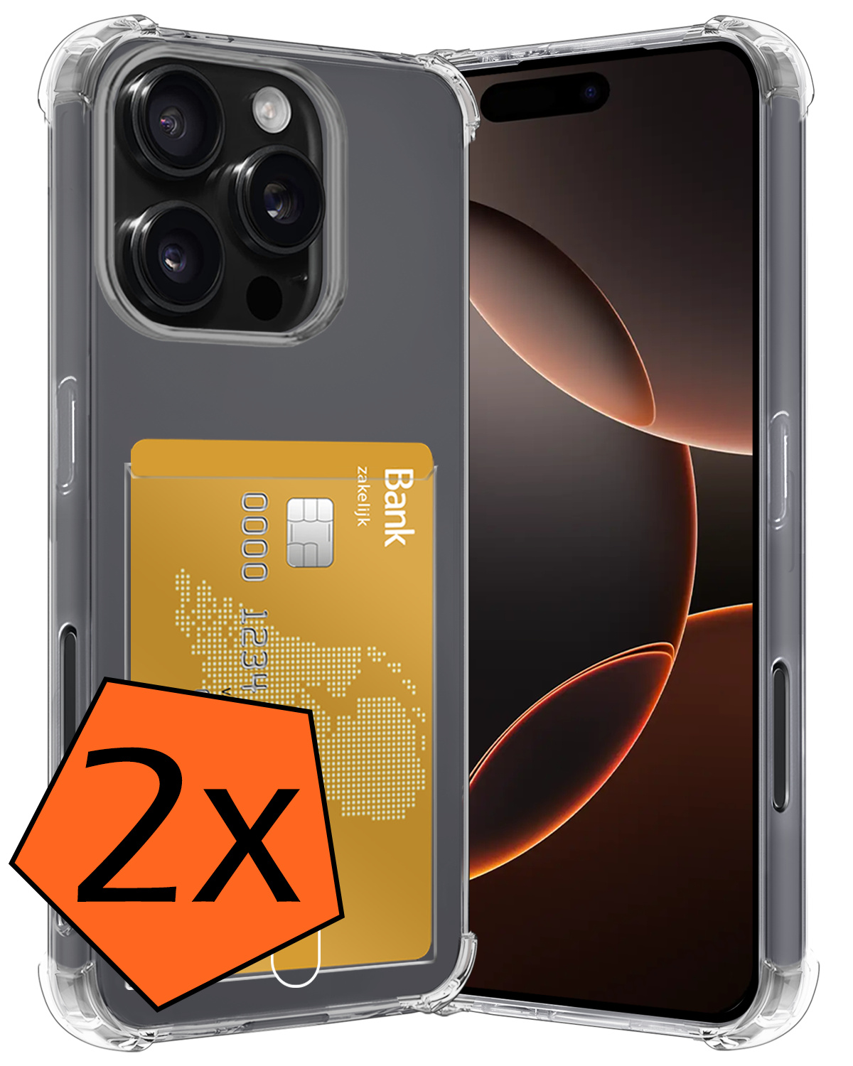 Nomfy Hoesje Geschikt voor iPhone 16 Pro Hoesje Pasjeshouder Shockproof Pas Houder - Hoesje Geschikt voor iPhone 16 Pro Hoes Met Kaarthouder - Transparant - 2 PACK