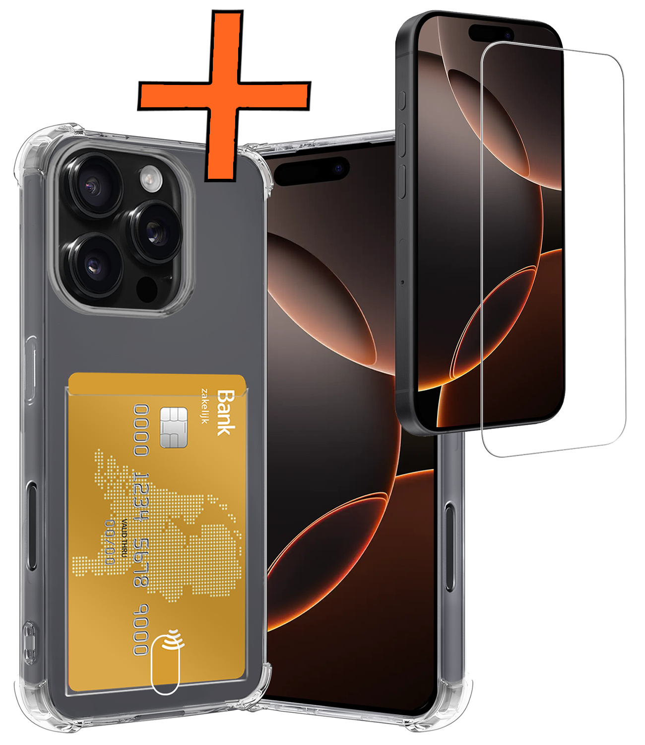 Nomfy Hoesje Geschikt voor iPhone 16 Pro Hoesje Pasjeshouder Shockproof Pas Houder Met Screenprotector - Hoesje Geschikt voor iPhone 16 Pro Hoes Met Kaarthouder - Transparant