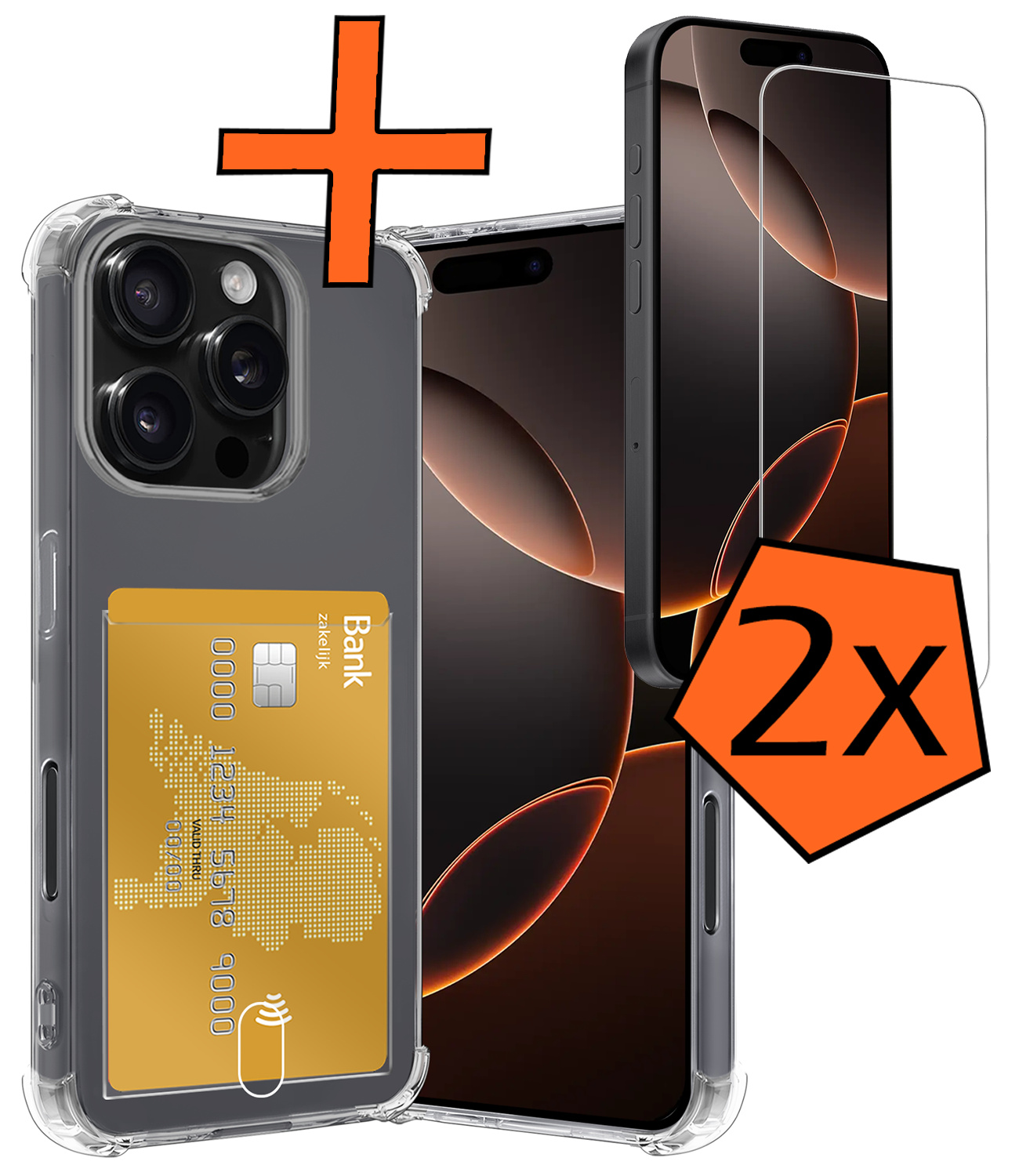 Nomfy Hoesje Geschikt voor iPhone 16 Pro Hoesje Pasjeshouder Shockproof Pas Houder Met 2x Screenprotector - Hoesje Geschikt voor iPhone 16 Pro Hoes Met Kaarthouder - Transparant