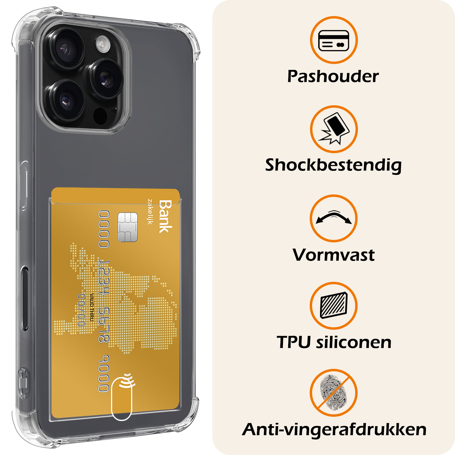 Nomfy Hoesje Geschikt voor iPhone 16 Pro Max Hoesje Pasjeshouder Shockproof Pas Houder Met 2x Screenprotector - Hoesje Geschikt voor iPhone 16 Pro Max Hoes Met Kaarthouder - Transparant