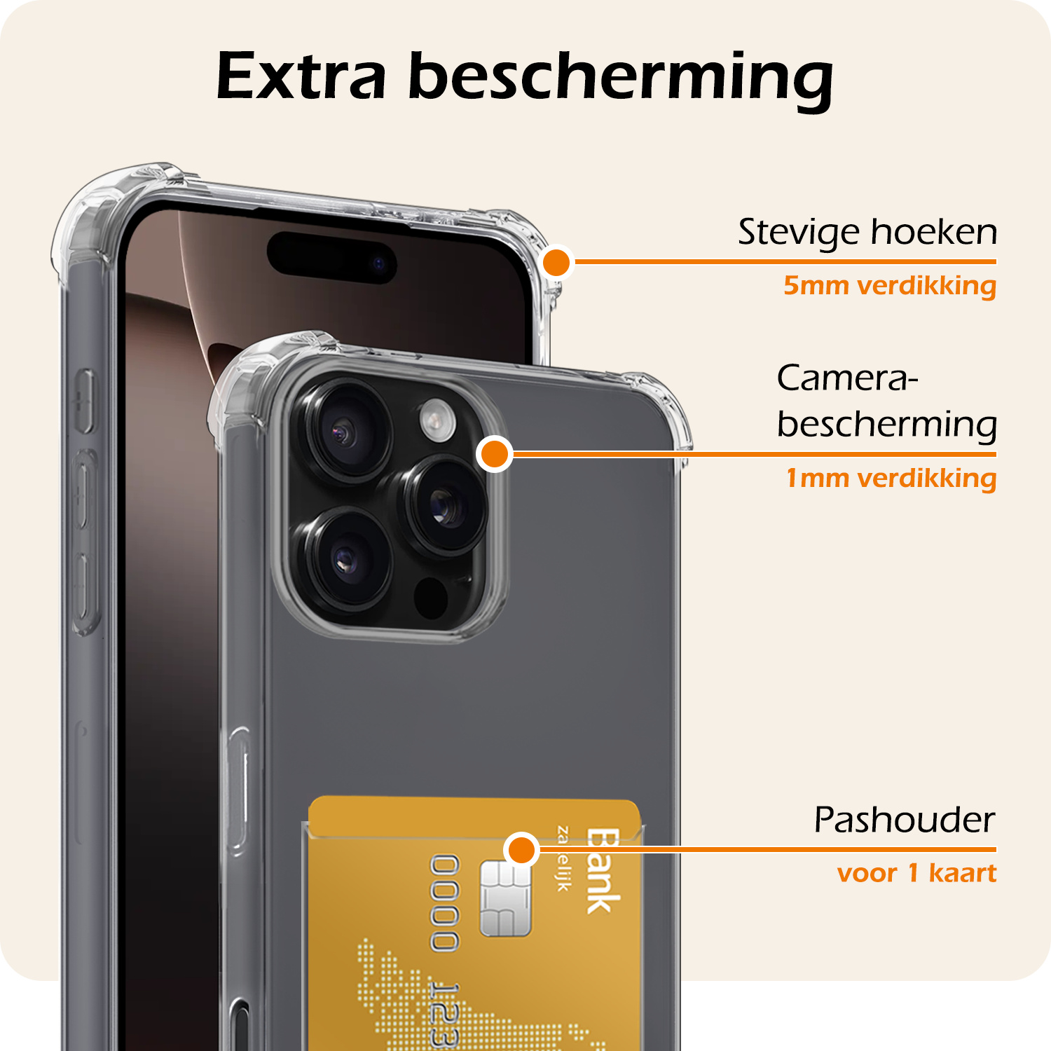Nomfy Hoesje Geschikt voor iPhone 16 Pro Max Hoesje Pasjeshouder Shockproof Pas Houder Met 2x Screenprotector - Hoesje Geschikt voor iPhone 16 Pro Max Hoes Met Kaarthouder - Transparant
