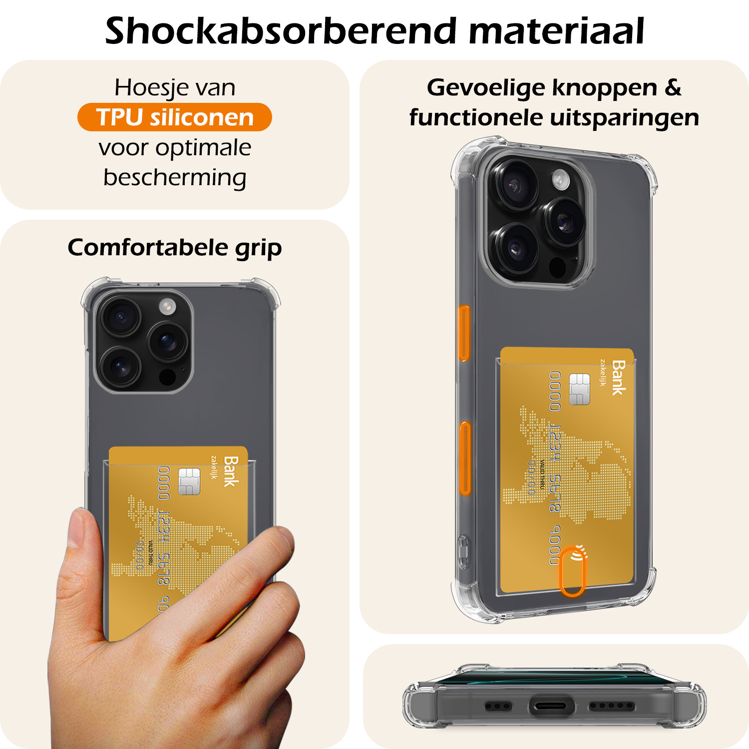 Nomfy Hoesje Geschikt voor iPhone 16 Pro Max Hoesje Pasjeshouder Shockproof Pas Houder Met 2x Screenprotector - Hoesje Geschikt voor iPhone 16 Pro Max Hoes Met Kaarthouder - Transparant