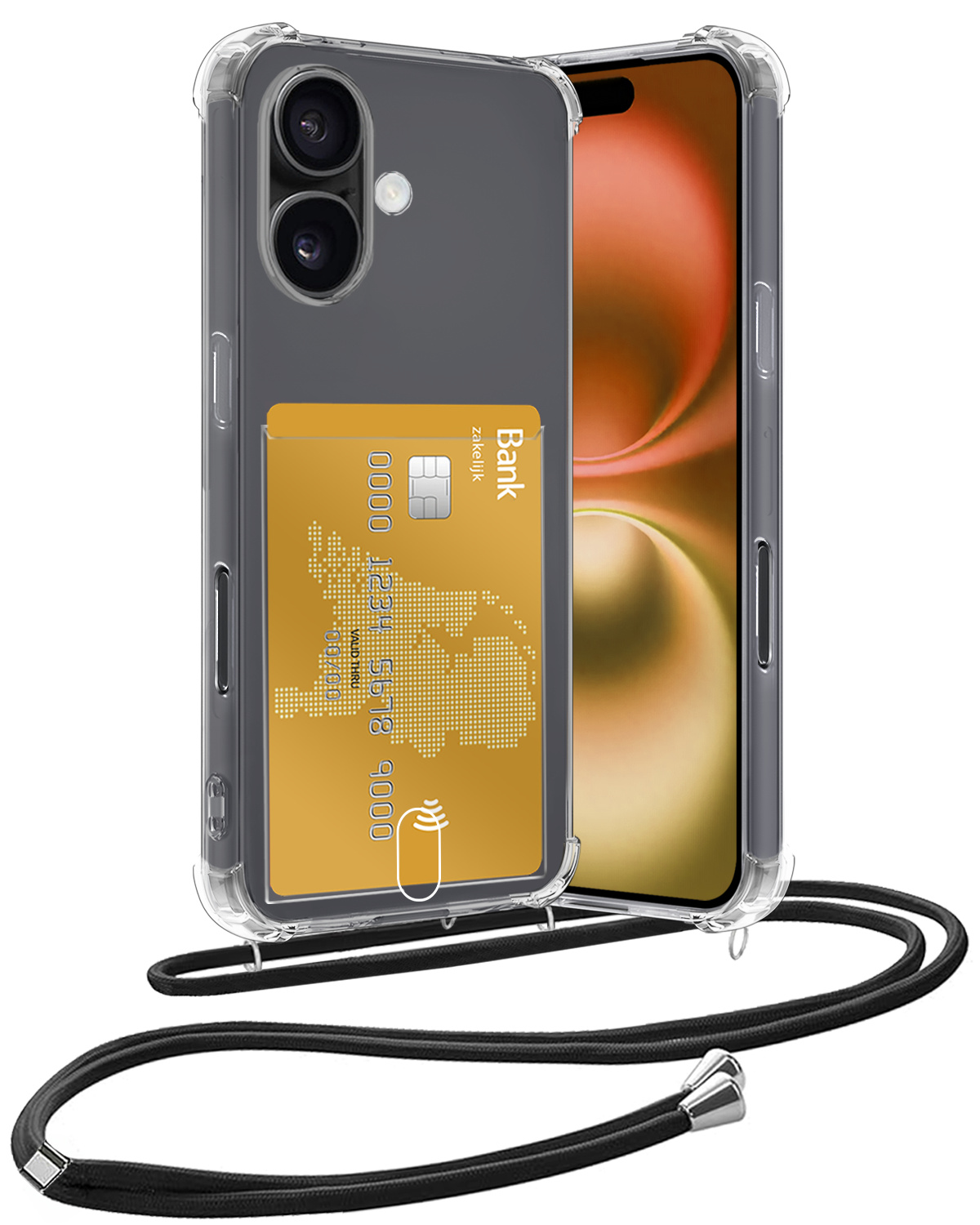 Nomfy Hoesje Geschikt voor iPhone 16 Hoesje Met Telefoonketting Pasjeshouder Shockproof Case Koord - Hoesje Geschikt voor iPhone 16 Hoes Met Kaarthouder - Transparant