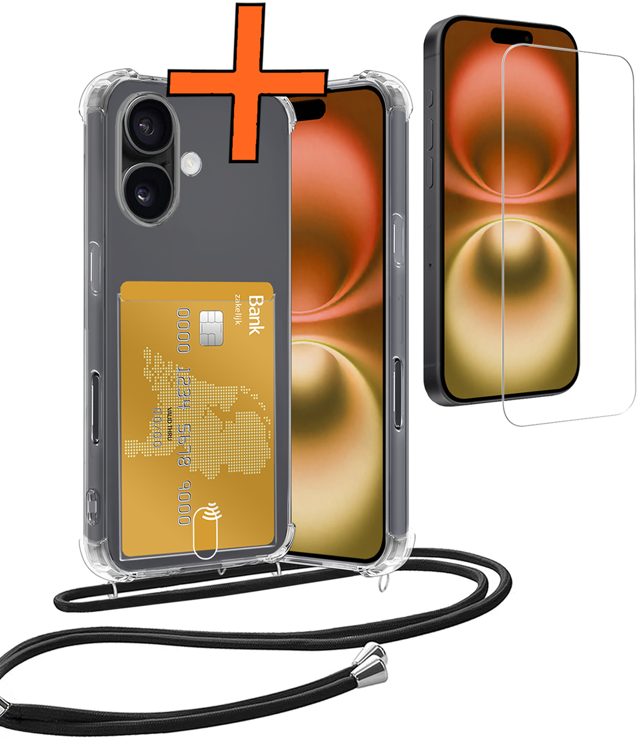 Nomfy Hoesje Geschikt voor iPhone 16 Plus Hoesje Met Telefoonketting Pasjeshouder Shockproof Case Met Screenprotector Koord - Hoesje Geschikt voor iPhone 16 Plus Hoes Met Kaarthouder - Transparant