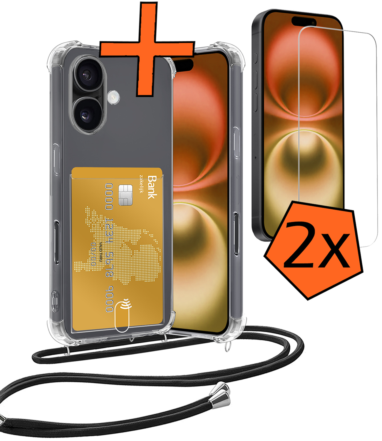 Nomfy Hoesje Geschikt voor iPhone 16 Plus Hoesje Met Telefoonketting Pasjeshouder Shockproof Case Met 2x Screenprotector Koord - Hoesje Geschikt voor iPhone 16 Plus Hoes Met Kaarthouder - Transparant