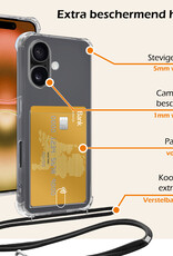 Nomfy Hoesje Geschikt voor iPhone 16 Plus Hoesje Met Telefoonketting Pasjeshouder Shockproof Case Met 2x Screenprotector Koord - Hoesje Geschikt voor iPhone 16 Plus Hoes Met Kaarthouder - Transparant