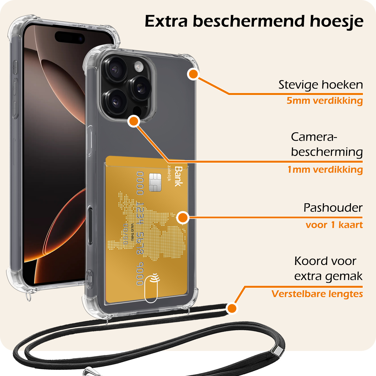 Nomfy Hoesje Geschikt voor iPhone 16 Pro Hoesje Met Telefoonketting Pasjeshouder Shockproof Case Koord - Hoesje Geschikt voor iPhone 16 Pro Hoes Met Kaarthouder - Transparant